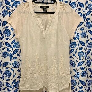 89th & Madison Women’s Crème Sheer Embroidered V-Neck Blouse Baby Doll Large